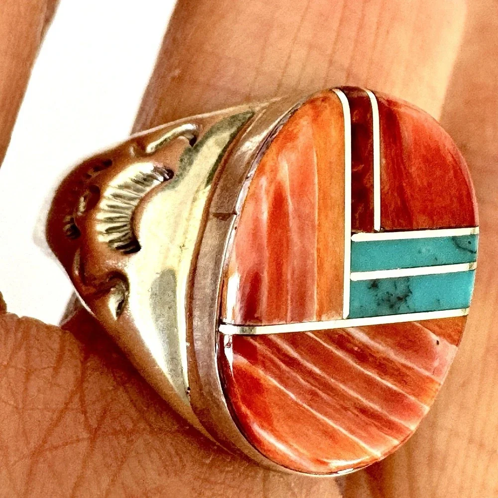Navajo Mens Ring Turquoise Orange‎ Spiny Oyster Sz 12.5 Signed PLL Sterling USA